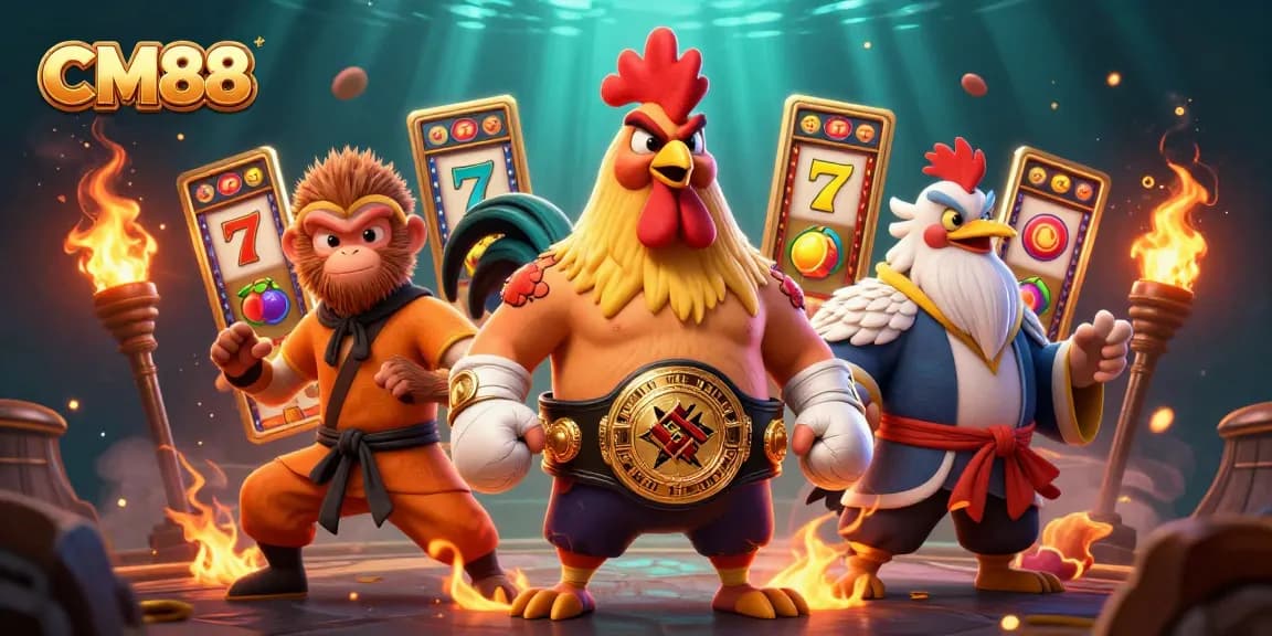 Experience the thrill of CM88 with a dynamic 3D casino scene showcasing vibrant slot machines and lively characters.