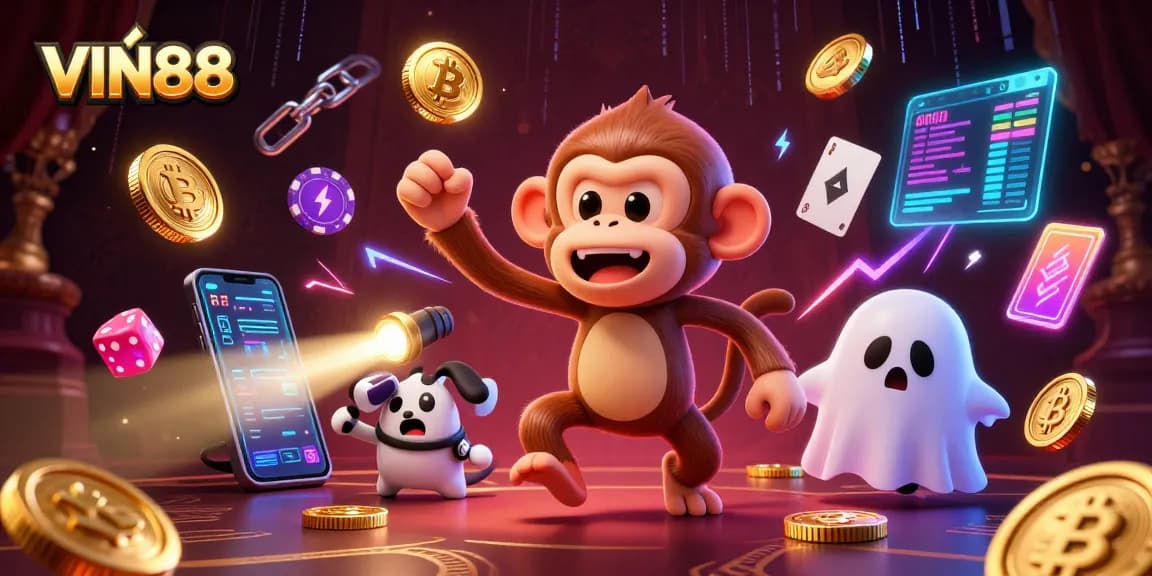 Engage with the thrilling VIN88 experience, featuring a playful poltergeist monkey and golden casino treasures.