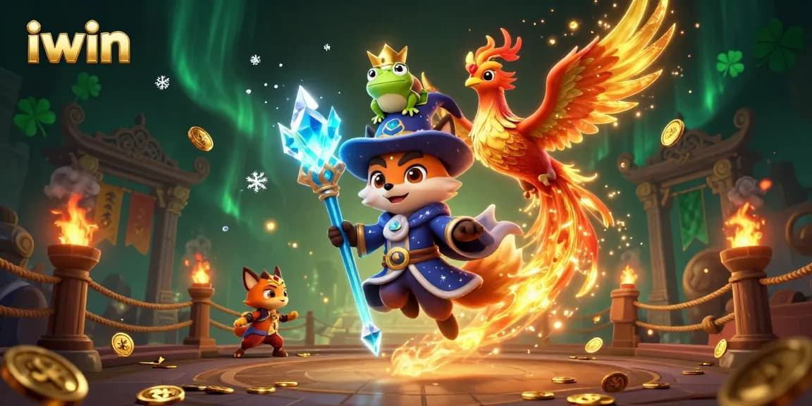 Engage with iwin's vibrant casino scene featuring a wizard and phoenix amidst golden sparks.