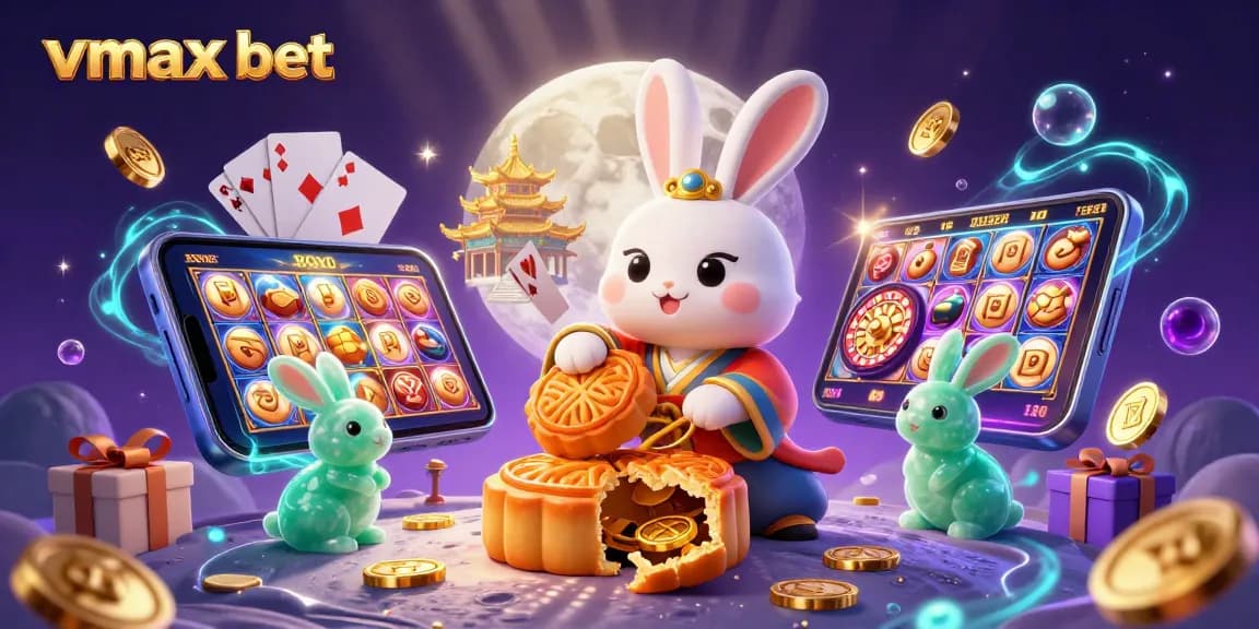 Experience the thrill of vmax bet with a vibrant illustration featuring a moon rabbit surrounded by casino elements.