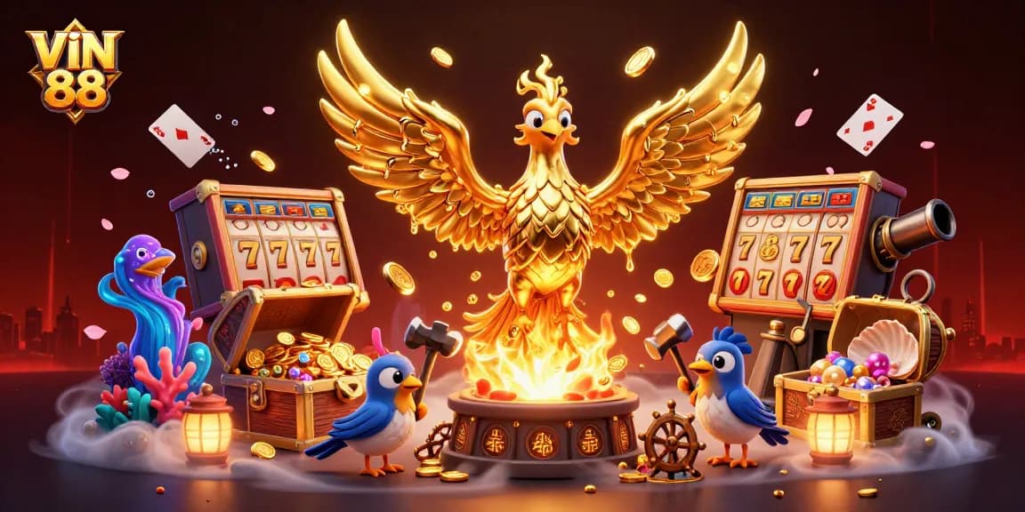 Win big with VIN 88 in a vibrant casino scene featuring golden phoenix and treasure