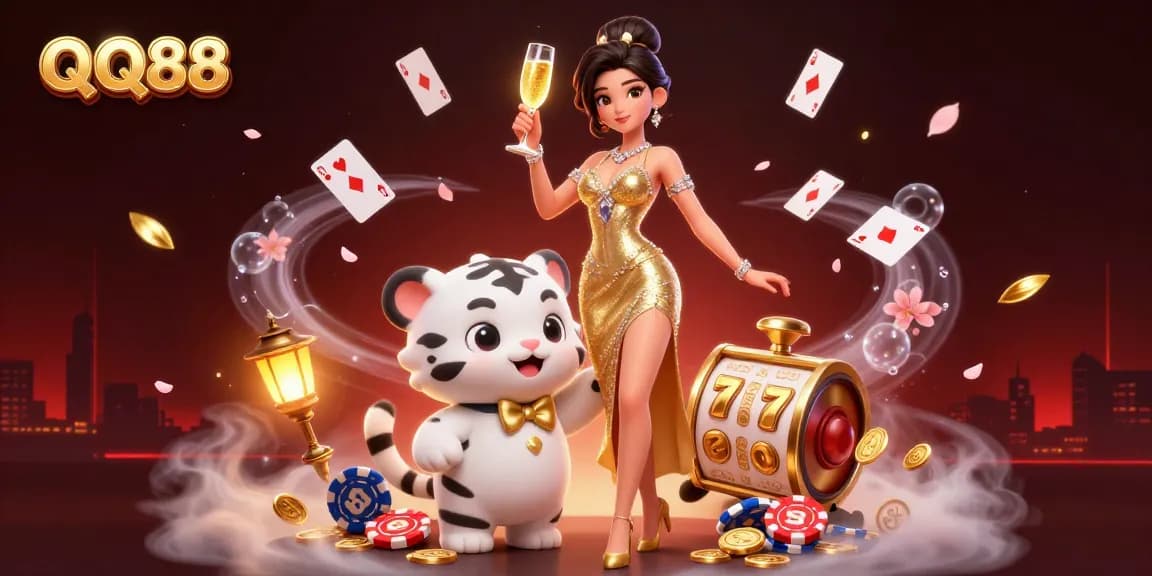 Experience thrilling gameplay at QQ88 with glamorous casino elements and a lucky tiger companion.