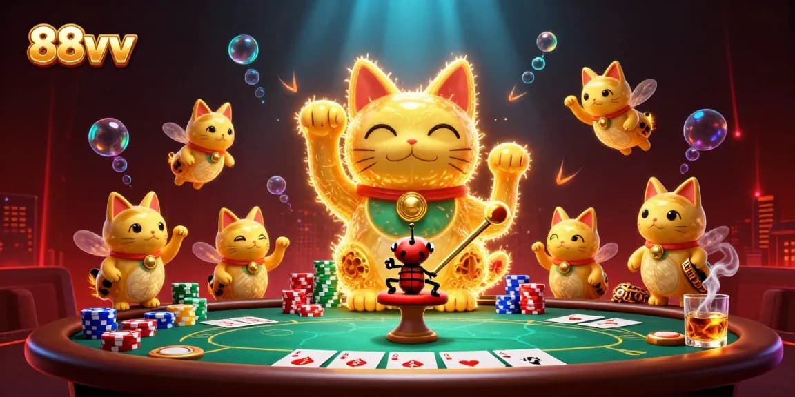 Experience lucky wins with 88vv's dynamic casino adventure featuring a waving lucky cat.