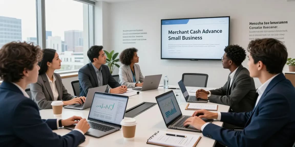 Team discussing merchant cash advance for small business strategies in a modern office.