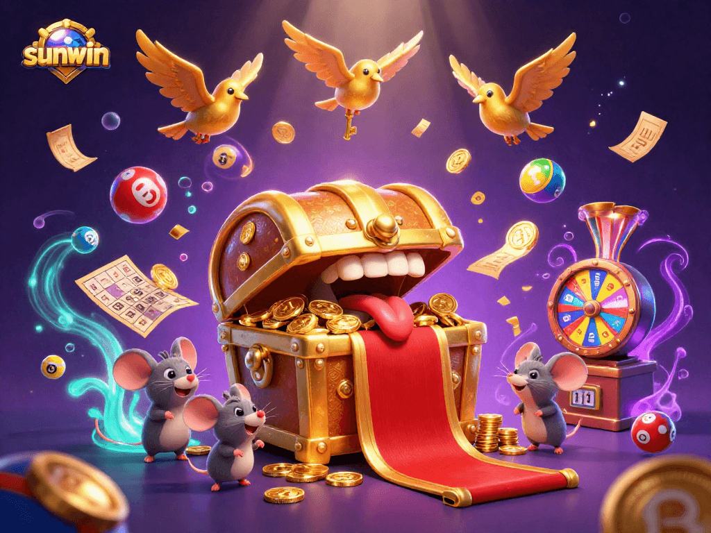 Experience the thrilling excitement of sunwin with colorful lottery elements surrounded by sparkling treasures.