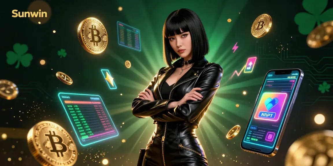 Engage in thrilling gameplay at Sunwin with Bitcoin and Ethereum coins floating in a vibrant casino scene.