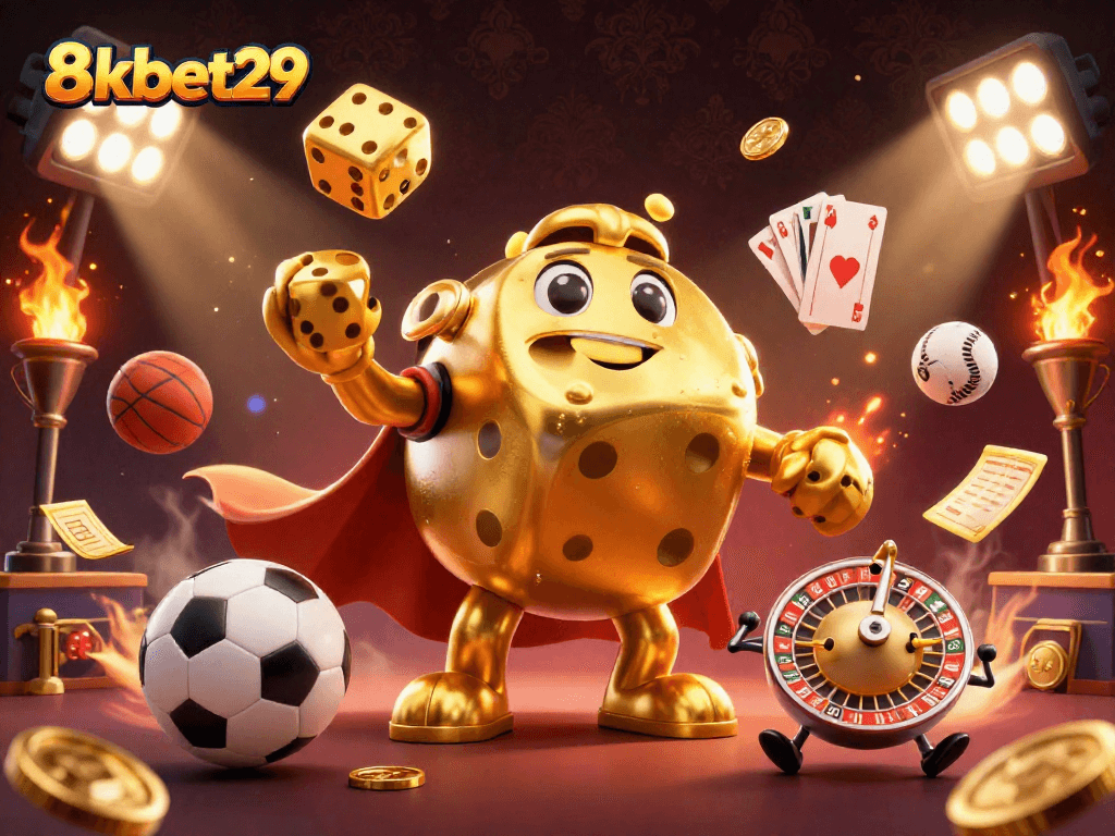Experience dynamic gaming thrills with 8kbet29 in a vibrant casino illustration featuring golden dice and engaging game elements.