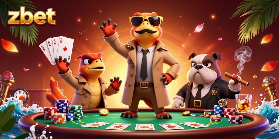 Experience zbet's thrilling poker atmosphere with raptors in a trench coat at a VIP casino lounge.