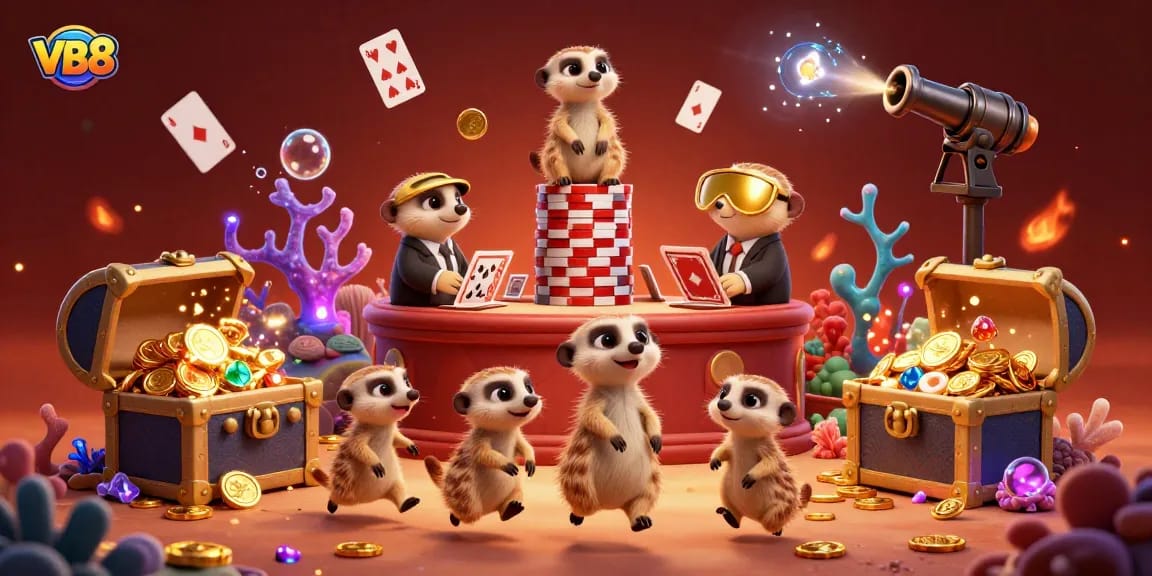 Experience VB8 excitement with meerkats mastering casino games under vibrant underwater treasures and glowing corals.