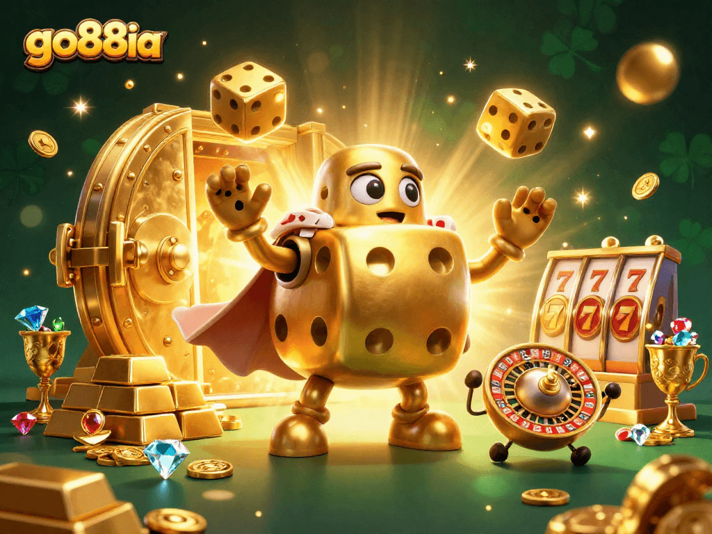 Engage in captivating slots action with go88ia's golden dice golem and vibrant casino elements.