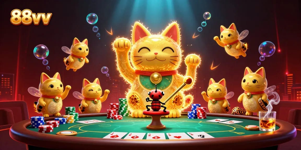 Experience lucky wins with 88vv's dynamic casino adventure featuring a waving lucky cat.