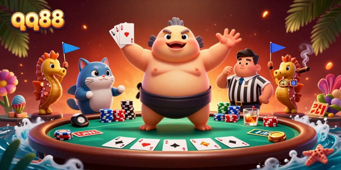 Engage with qq88's thrilling casino experience featuring an underwater poker match.