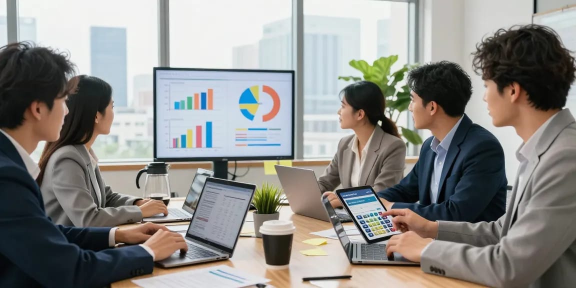 Team using a merchant cash advance calculator to analyze financial data in a modern office.