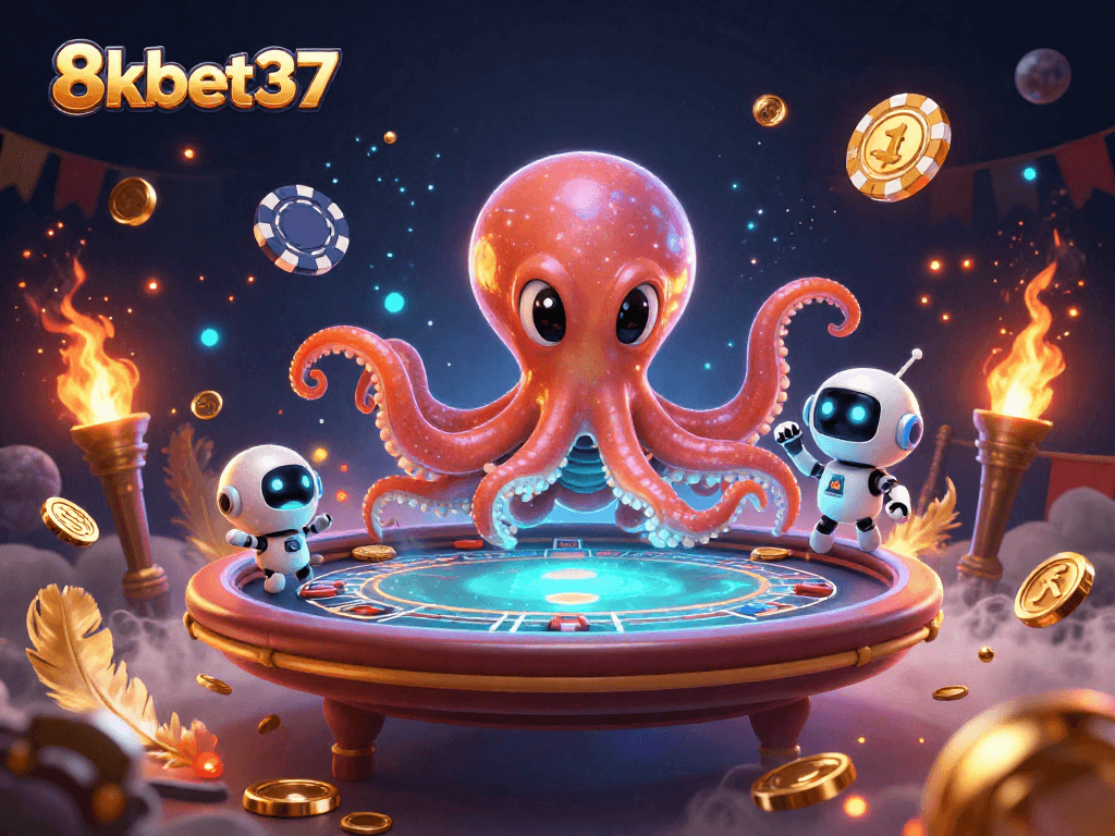 Experience thrilling poker with 8kbet37 and an alien octopus amidst dynamic cosmic elements.