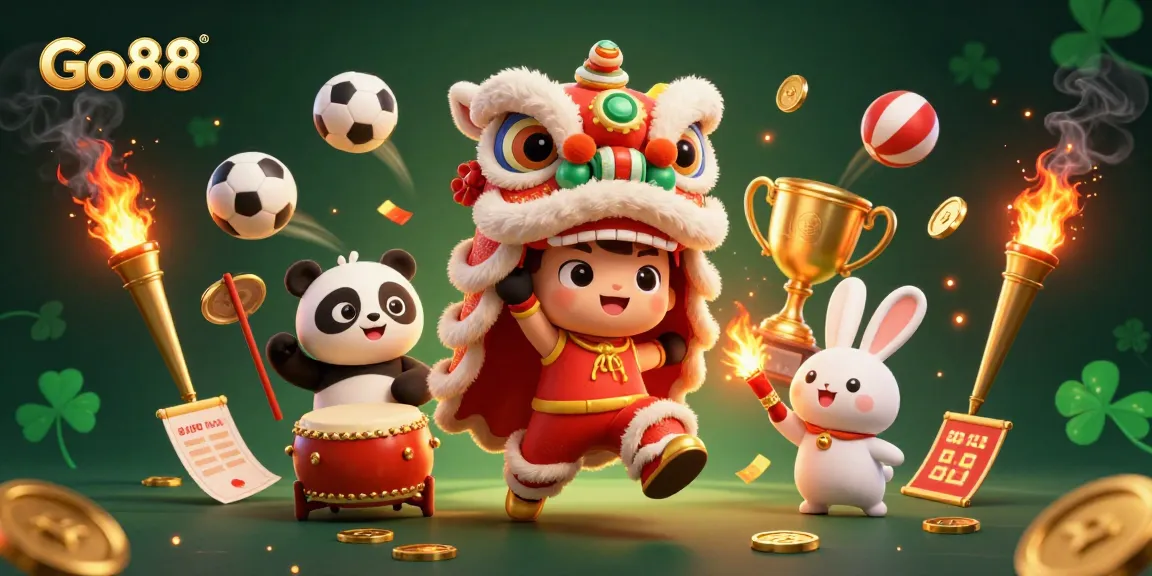 Engage with Go88's vibrant casino atmosphere, featuring a festive lion dance and dynamic sports betting elements.