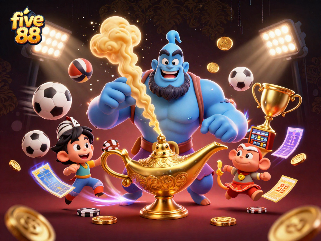 Play exciting games at five 88 with a dynamic 3D illustration showcasing engaging casino themes and elements.