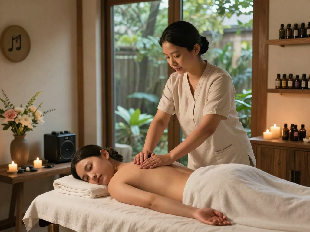 부평출장마사지 by a skilled therapist in a peaceful spa with candles and flowers