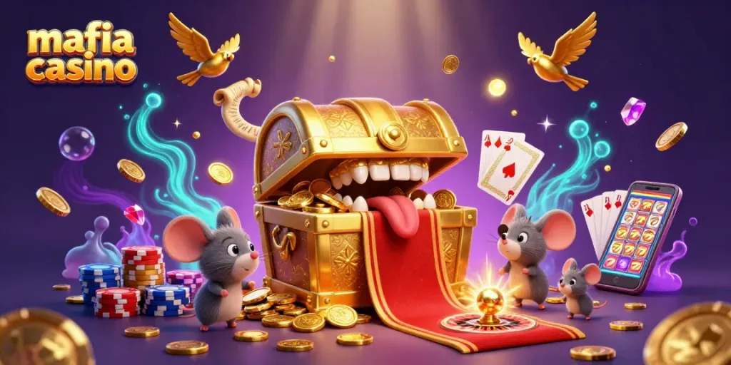 Mafia casino illustration showcasing vibrant treasures and gaming elements, inviting players to explore.