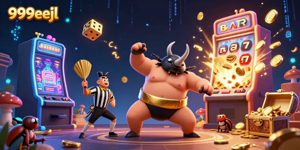 Engaging 3D scene of 999eejl with a rhinoceros beetle sumo champion, jackpot slot machine, and colorful casino elements.