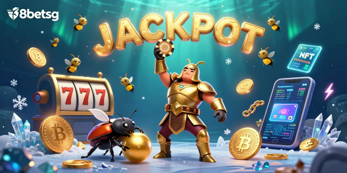Join the excitement at f8betsg with vibrant casino characters celebrating a jackpot amidst slot and crypto elements.