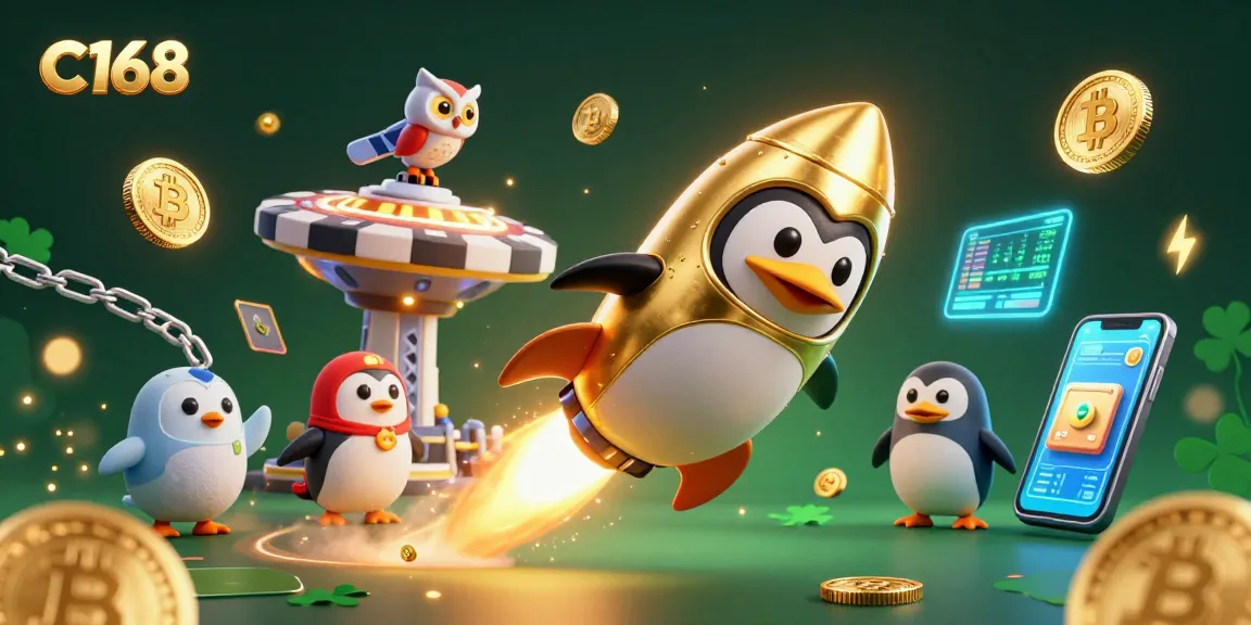 C168 turns up the excitement with a golden penguin rocket soaring through a vibrant space casino, surrounded by crypto elements.
