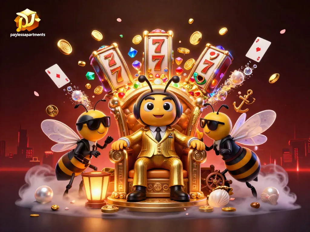 Engage with paylessapartments in a vibrant casino scene filled with slot reels, treasure, and dynamic characters.