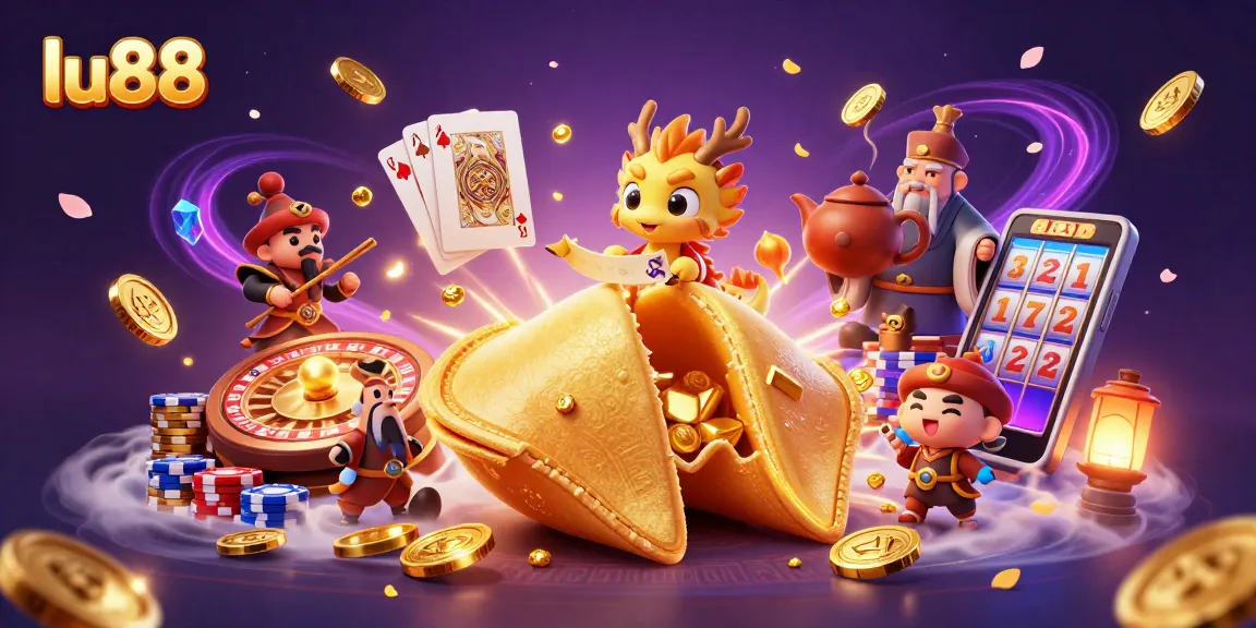 Play slots with thrilling 3D treasures at lu88, featuring gold coins, dragons, and dynamic casino elements.