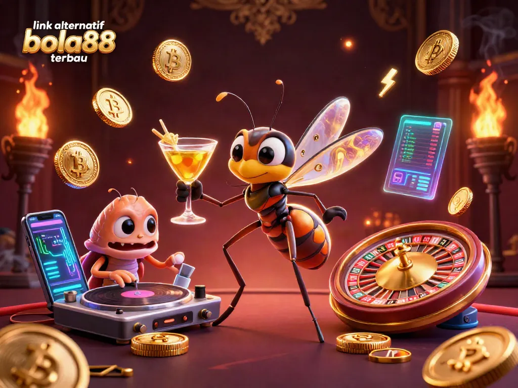 Play with the latest link alternatif bola88 terbaru in a vibrant casino-themed illustration featuring unique characters and elements.