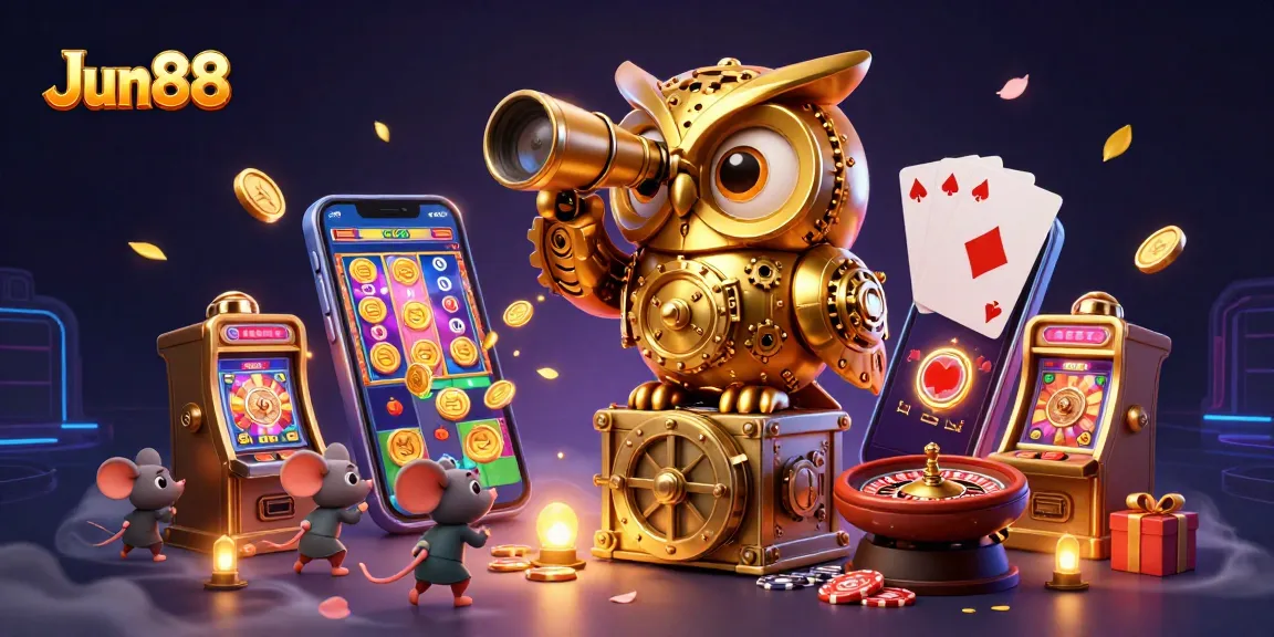 Experience the vibrant casino floor at Jun88 with a whimsical owl and lively gaming elements.