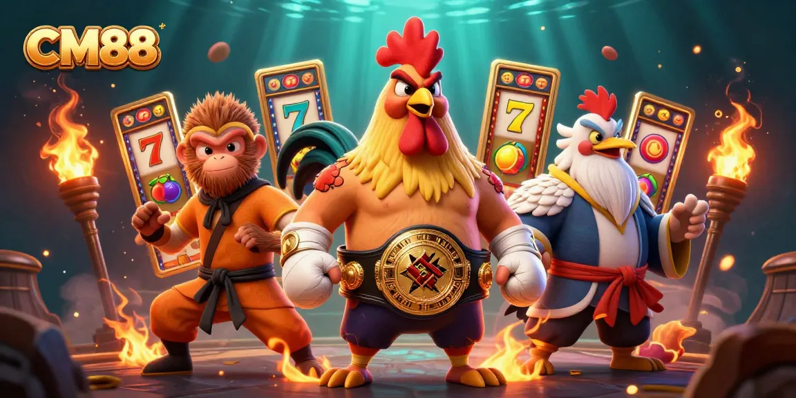 Experience the thrill of CM88 with a dynamic 3D casino scene showcasing vibrant slot machines and lively characters.