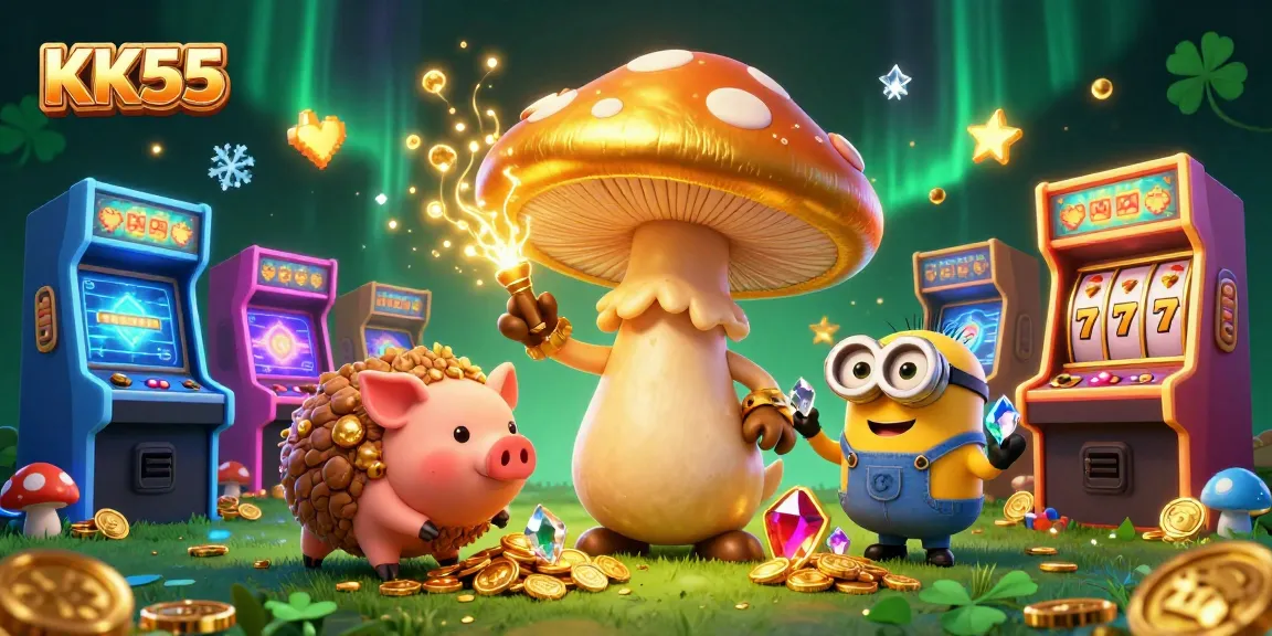 Experience magical winning moments at KK55 with a golden mushroom wizard and treasure-hunting pig in a vibrant casino scene.