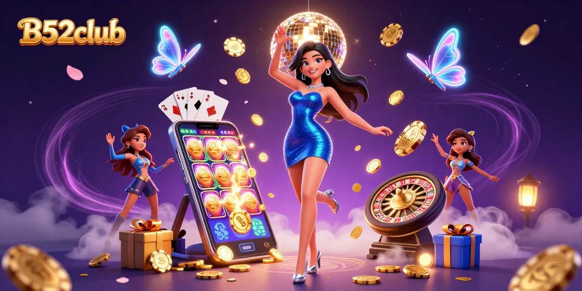 Engage in the vibrant atmosphere of B52club with this dynamic casino illustration showcasing spinning slots, gold coins, and a glamorous dancer.