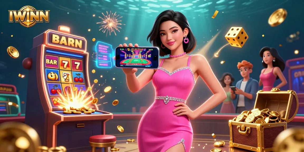 Experience IWINN's exciting live dealer games with a stunning Asian woman showcasing a vibrant casino scene.