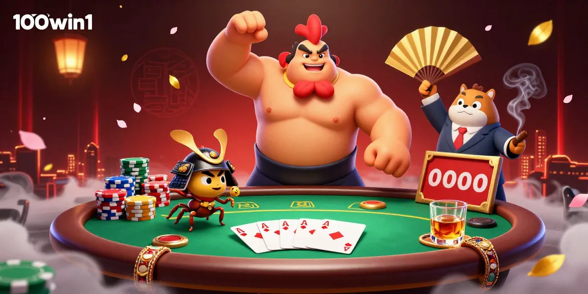 Experience thrilling poker action with 100win1 as sumo rooster and samurai cricket battle in style.