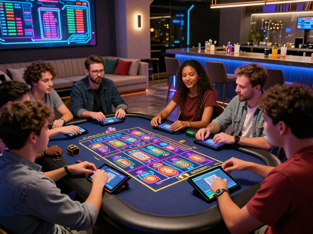 Exciting crypto casino scene showcasing diverse gamers engaged with digital games and animated interfaces.