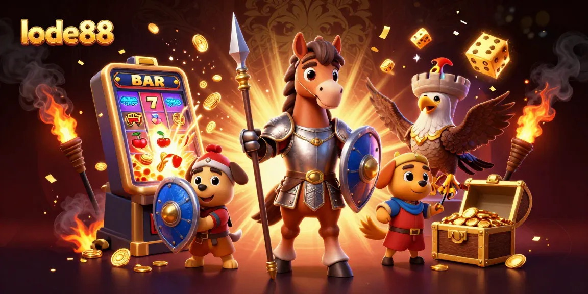 Explore vibrant casino excitement with lode88 in a dynamic 3D illustration featuring action-packed gaming elements.