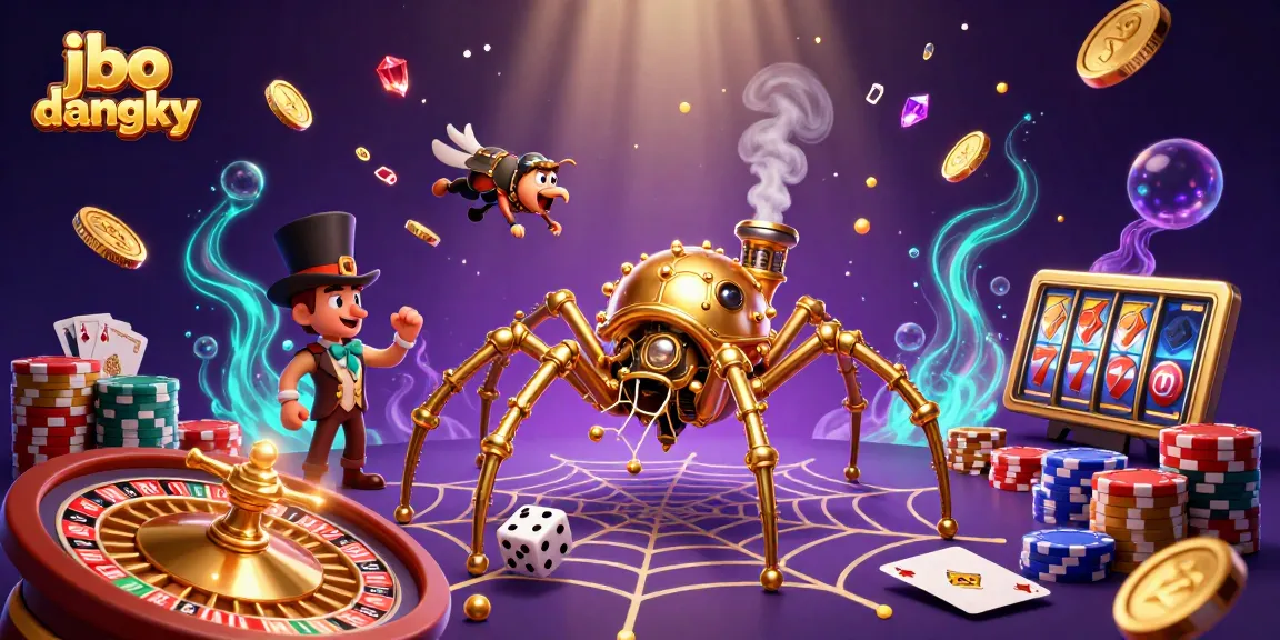 Experience the world of jbo dangky with a steampunk spider catching dice and coins cascading around in a vibrant casino scene.