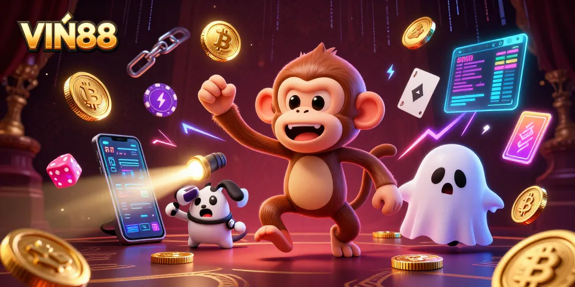 Engage with the thrilling VIN88 experience, featuring a playful poltergeist monkey and golden casino treasures.