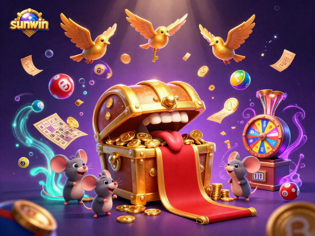 Experience the thrilling excitement of sunwin with colorful lottery elements surrounded by sparkling treasures.