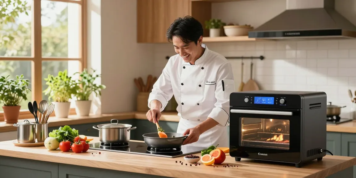 Chef using innovative AI cooking gadgets in a modern kitchen setting.