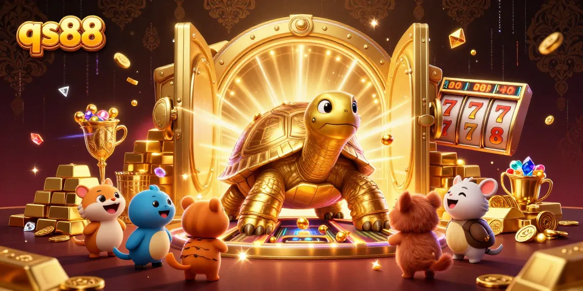Experience thrilling gameplay with qs88's colossal golden tortoise pinball machine, surrounded by shining treasures.