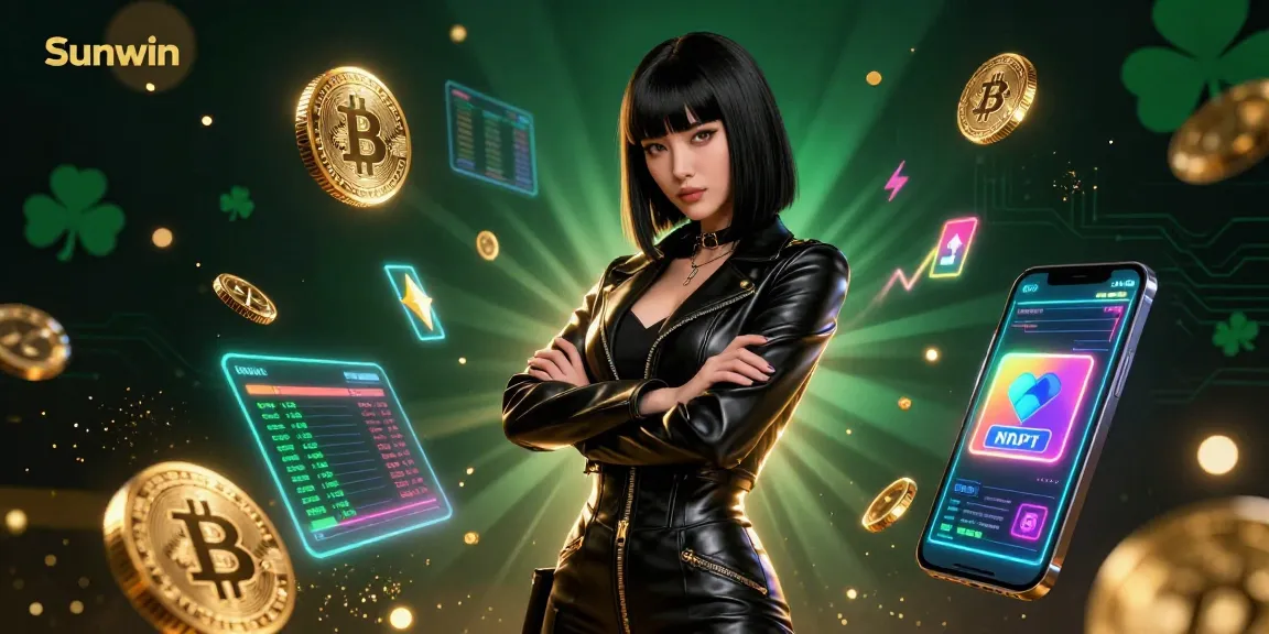 Engage in thrilling gameplay at Sunwin with Bitcoin and Ethereum coins floating in a vibrant casino scene.