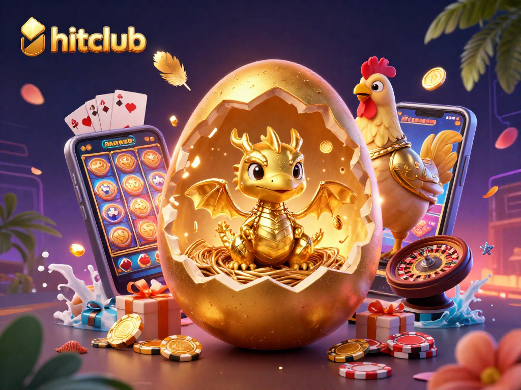 Hitclub elements come alive with a golden dragon, poker chips, and vibrant gaming action.