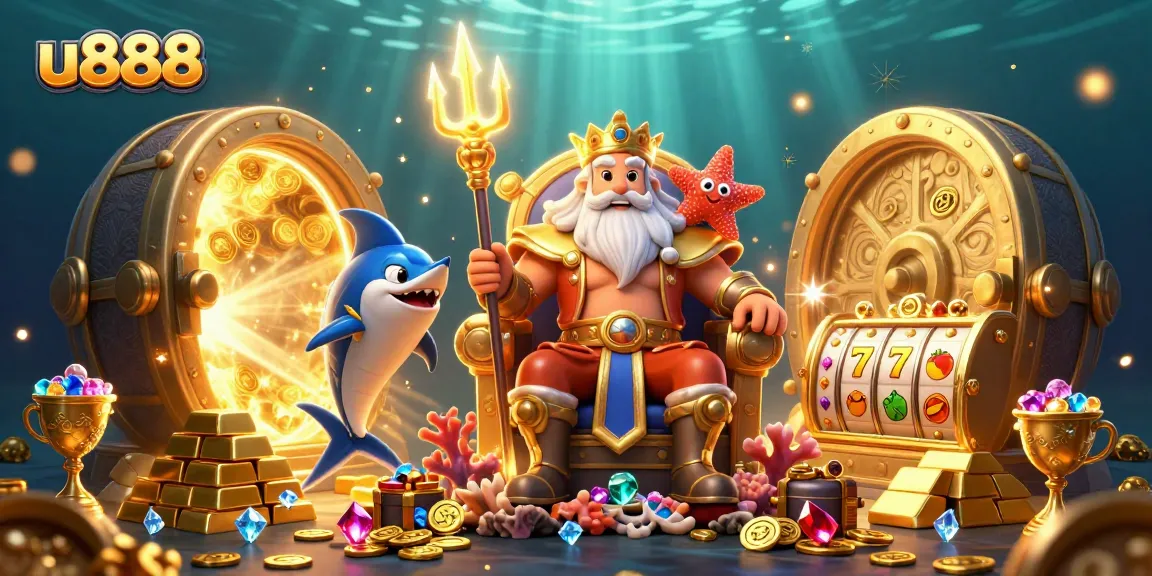 Experience the excitement of u888 as Neptune reigns over a golden treasure trove in this vibrant casino scene.