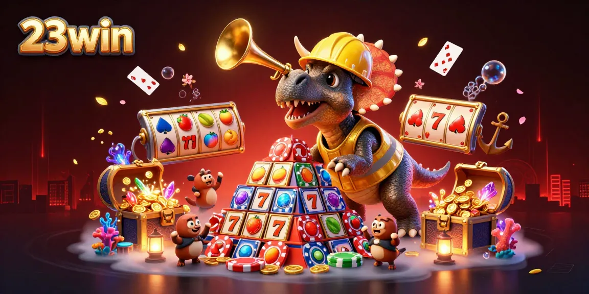 Celebrate wins with 23win's vibrant casino-themed 3D illustration showcasing joyful gameplay.