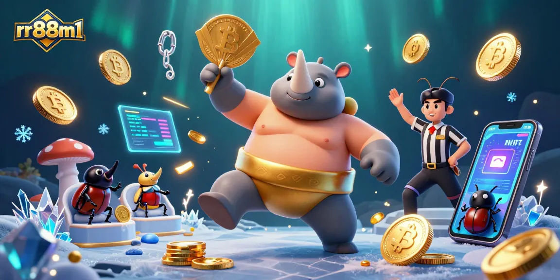 Witness the rr88m1 sumo champion beetle winning with a powerful stomp, showering coins while showcasing crypto elements.
