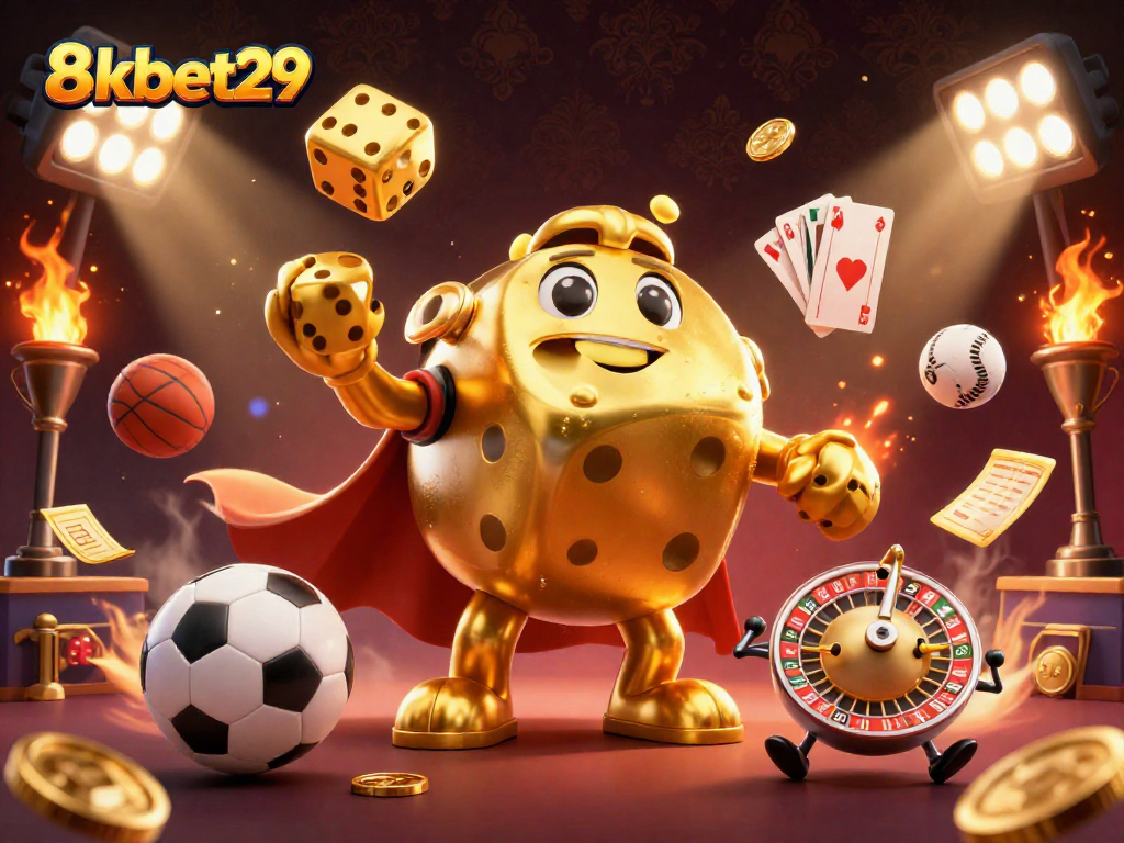Experience dynamic gaming thrills with 8kbet29 in a vibrant casino illustration featuring golden dice and engaging game elements.