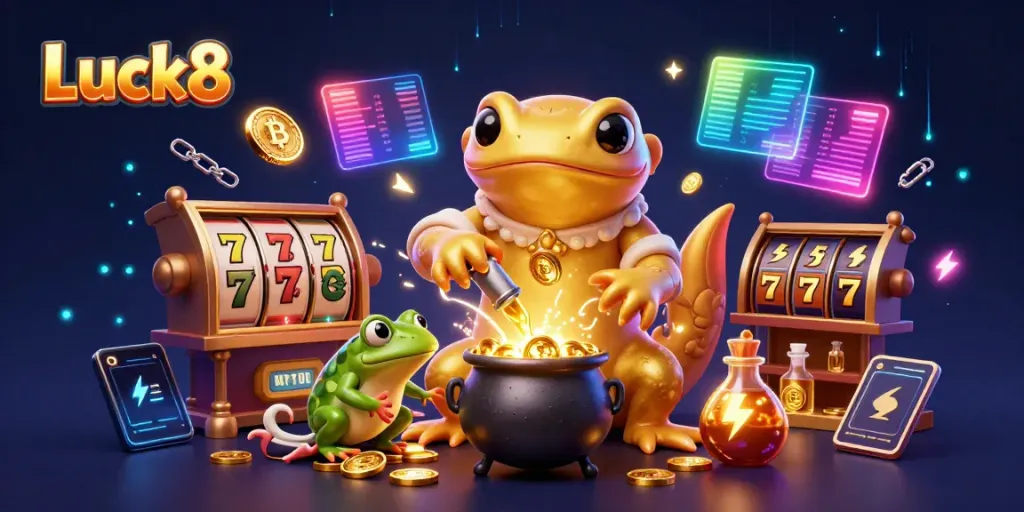 Experience the thrill of Luck8 with golden alchemists transforming coins in a vibrant casino.