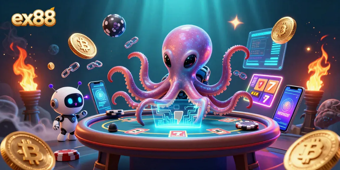 Engage with the ex88 alien octopus at a holographic poker table in a thrilling cosmic casino.