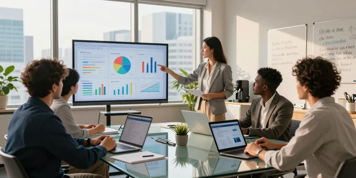 Professionals collaborating in a modern workspace showcasing WPS Official Website presentation data.